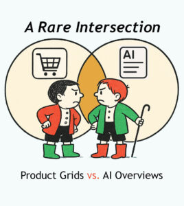 An illustration shows two characters in a conflict. One represents Google product grids. The other AI Overviews.