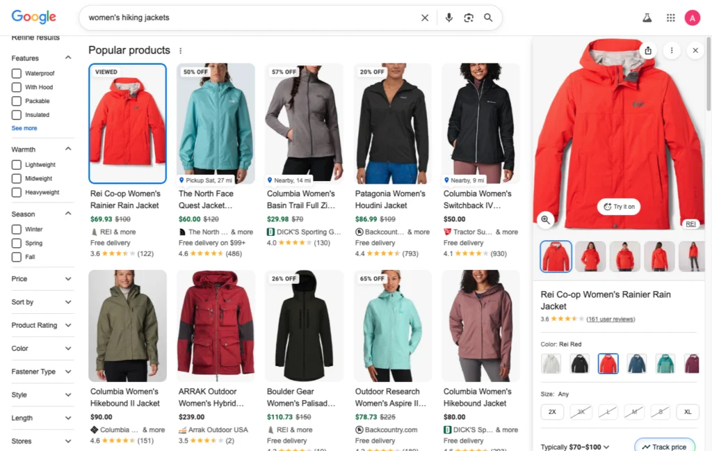 a search engine results page showing women's jackets