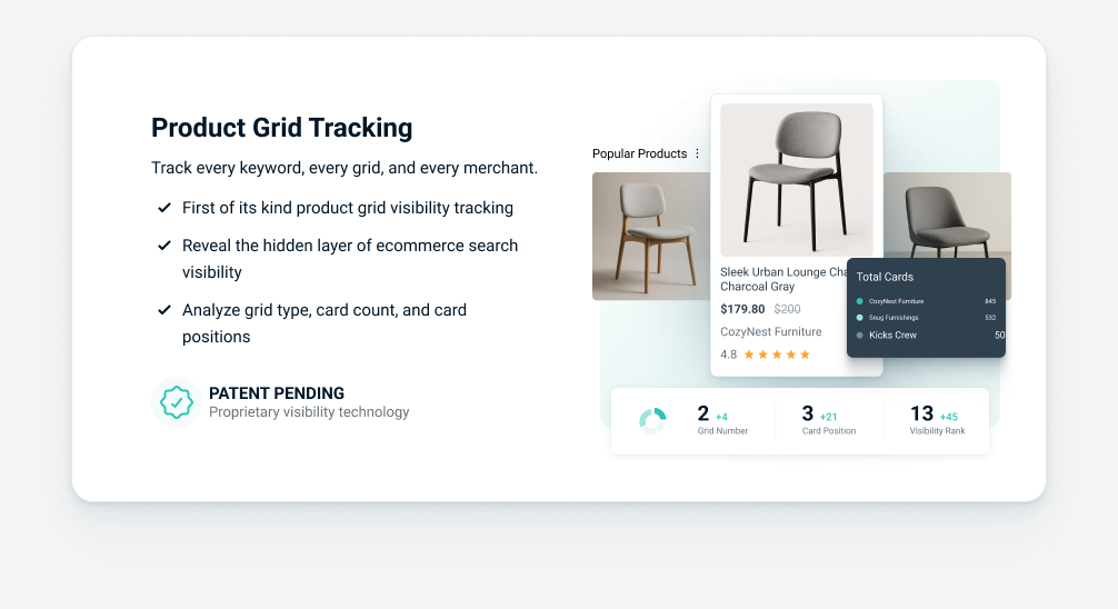 Product grid tracking dashboard with product cards and visibility stats